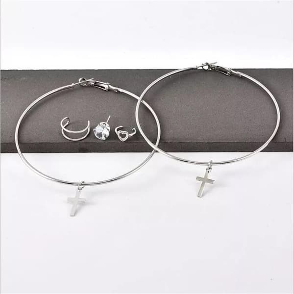 5 st Silver Örhängen - 5i1 set - Stud, Ear Cuff & Hoop med Kors