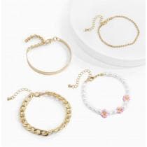 4 st Boho Guld Armband/Bangle med Vita Pärlor, Guldkulor & Länk