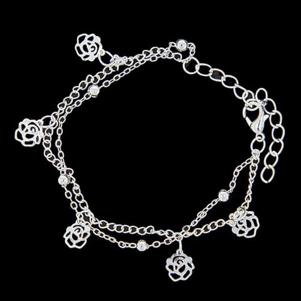 Sött Silver Armband - Dubbla Kedjor med Blommor & Silverkulor
