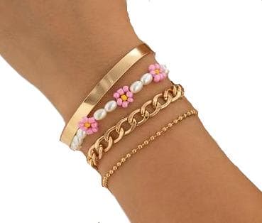 4 st Boho Guld Armband/Bangle med Vita Pärlor, Guldkulor & Länk