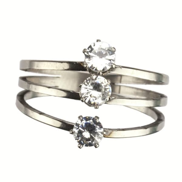 Silver Ring Trippelring -Rostfritt Stål & Vita Stenar -Stl 16,75