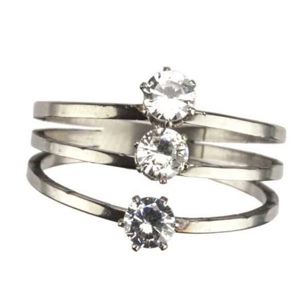 Silver Ring Trippelring -Rostfritt Stål & Vita Stenar -Stl 19,75