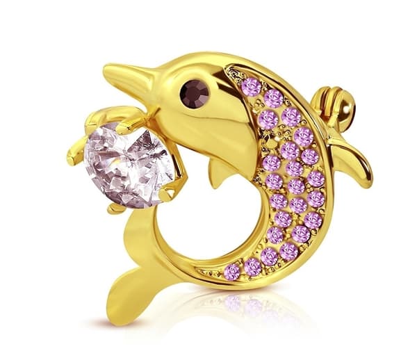 Vacker Brosch i Guld Färg - Delfin med Rosa & Vit Cubic Zircon