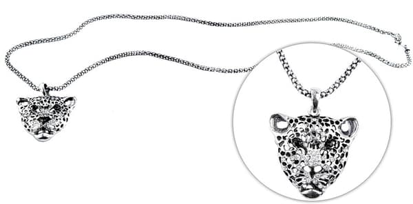 Silver Halsband med Leopard samt Vita & Svarta Strass Stenar