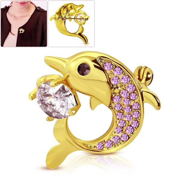 Vacker Brosch i Guld Färg - Delfin med Rosa & Vit Cubic Zircon