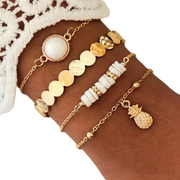 4 st Guld Chic Armband / Bangle med Ananas, Kulor & Pärlor
