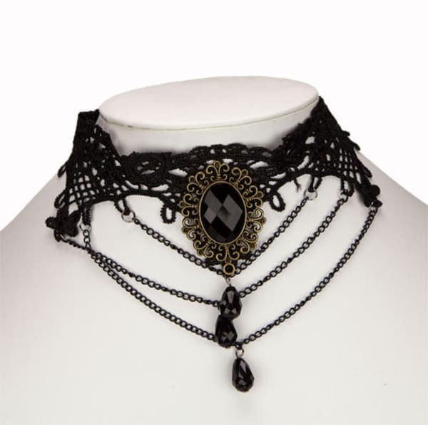 Brett Retro Gothic Choker / Halsband - Svart Spets & Pärlor