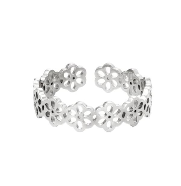 Ring i Rostfritt Stål med Söta Blommor - Silver - Justerbar