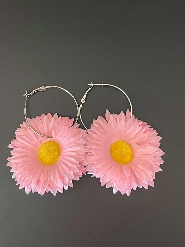 Retro Silver Örhängen / Hoop - Rosa & Gul Blomma / Prästkrage