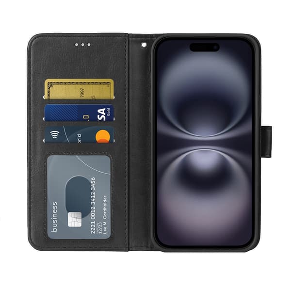 iPhone 16 PLUS Læder Wallet Case – 3 Kortlommer – SORT