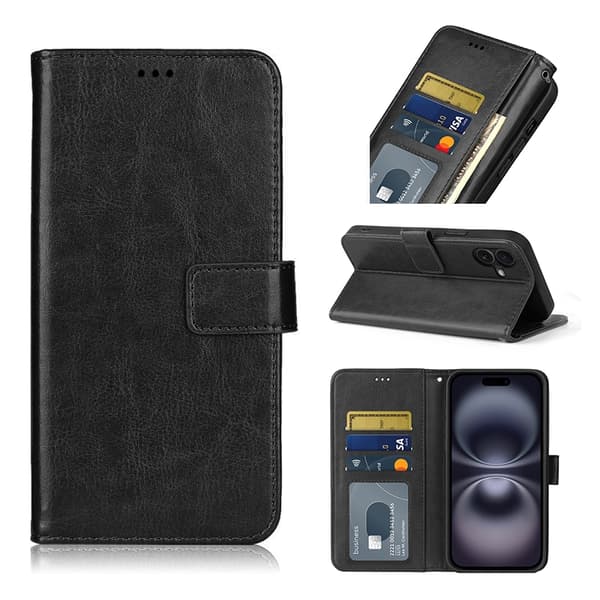iPhone 16 PLUS Læder Wallet Case – 3 Kortlommer – SORT