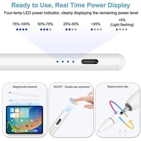 Taktile Stylus för iPad (2018-2026), Pixelprecision, Lutning & Handavvisning, för Android, iPad m.m., Vit