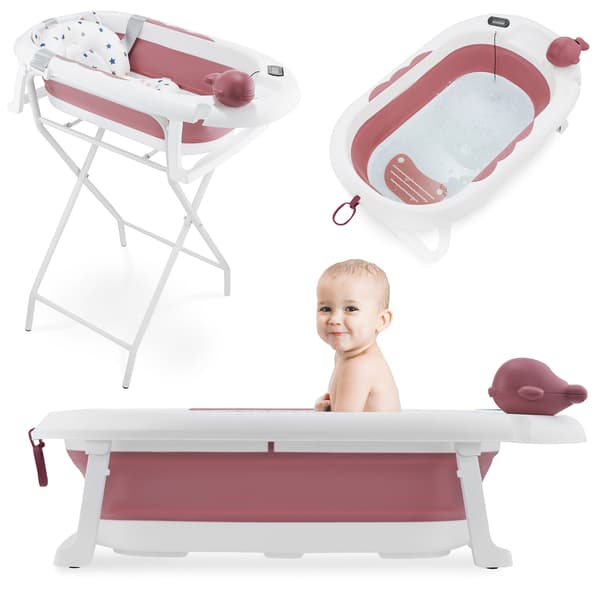 Foldbart babybadekar med stativ og termometer rosa Moby-System