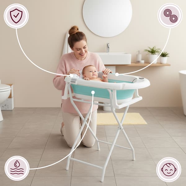 Foldbart babybadekar med stativ og termometer Moby-System