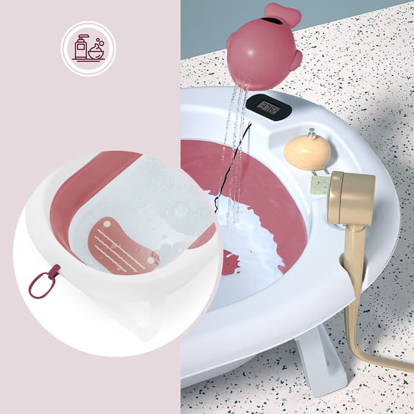 Foldbart babybadekar med stativ og termometer rosa Moby-System