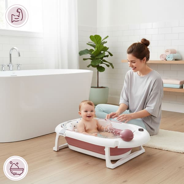 Foldbart babybadekar med stativ og termometer rosa Moby-System