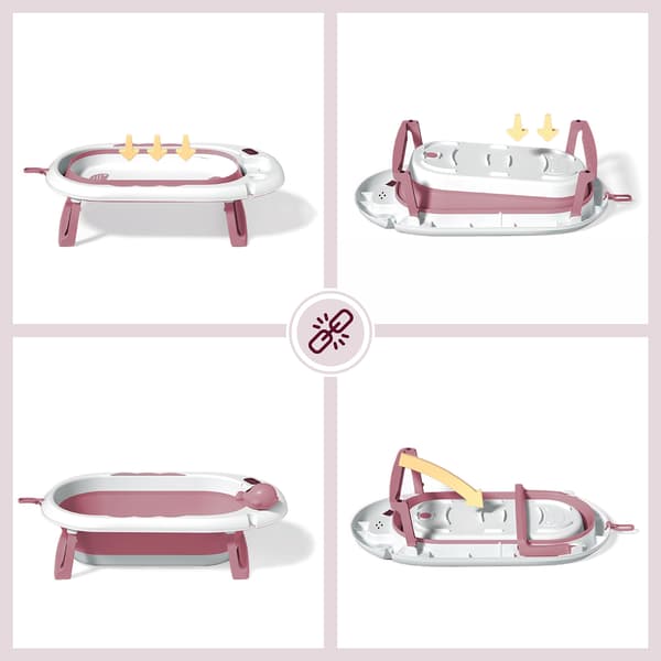 Foldbart babybadekar med stativ og termometer rosa Moby-System