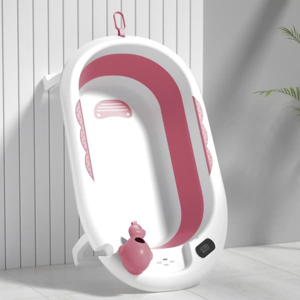 Hopfällbart babybadkar med stativ & termometer – rosa