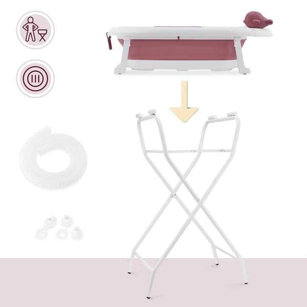Foldbart babybadekar med stativ og termometer rosa Moby-System
