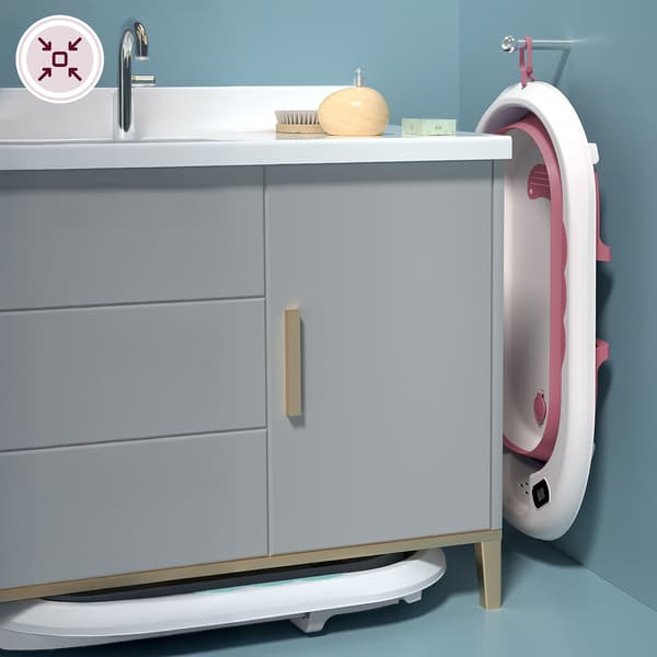 Foldbart babybadekar med stativ og termometer rosa Moby-System