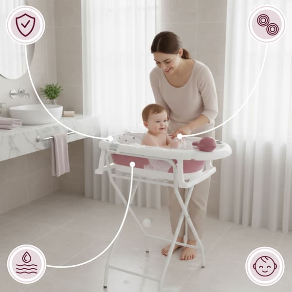 Foldbart babybadekar med stativ og termometer rosa Moby-System
