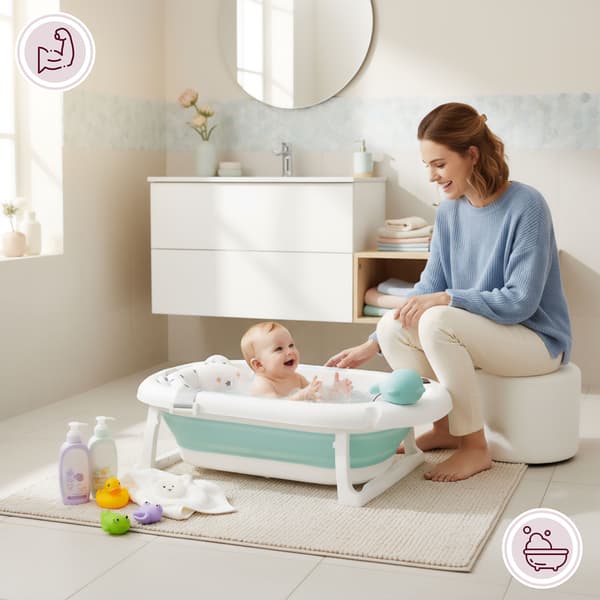Foldbart babybadekar med stativ og termometer Moby-System