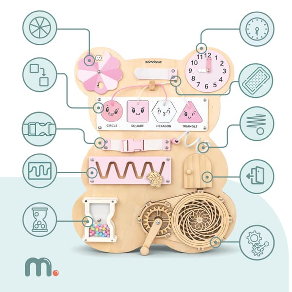 Montessori sensorisk aktivitetsbräda björn rosa trä