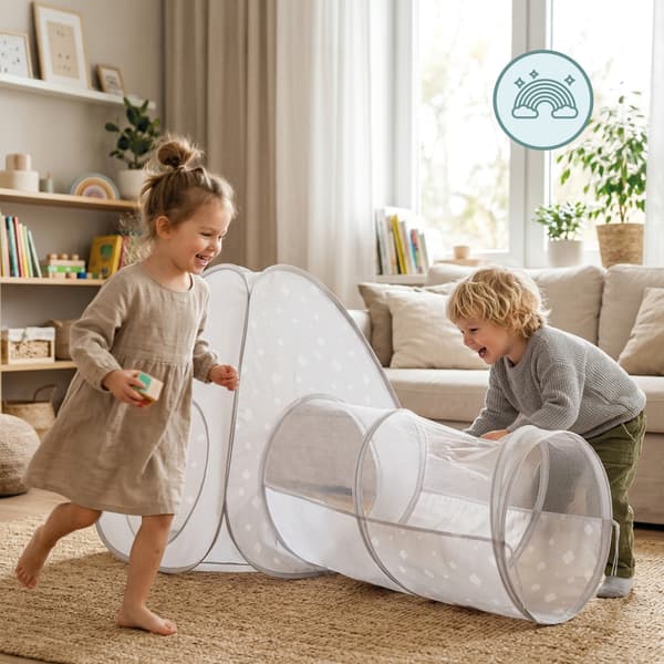 Legetelt med tunnel til børn pop-up tipi grå Mamabrum