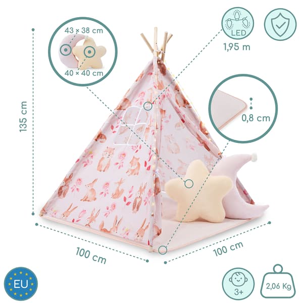 Lasten vaaleanpunainen tipiteltta LED-valoilla Mamabrum