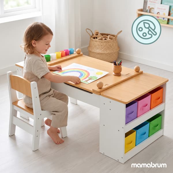 Mamabrum barnbord med 2 stolar, förvaring och pappersrulle