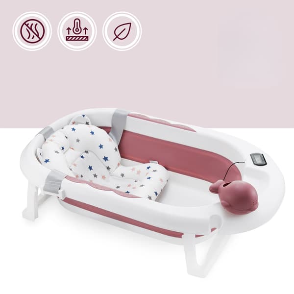 Foldbart babybadekar med stativ og termometer rosa Moby-System