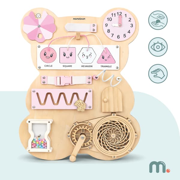Montessori sensorisk aktivitetsbräda björn rosa trä