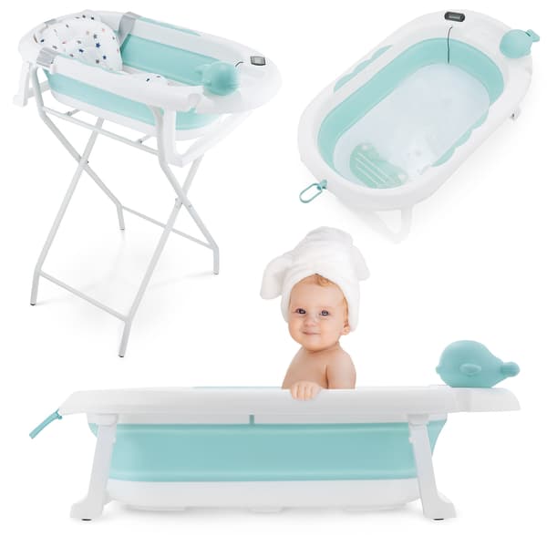 Foldbart babybadekar med stativ og termometer Moby-System