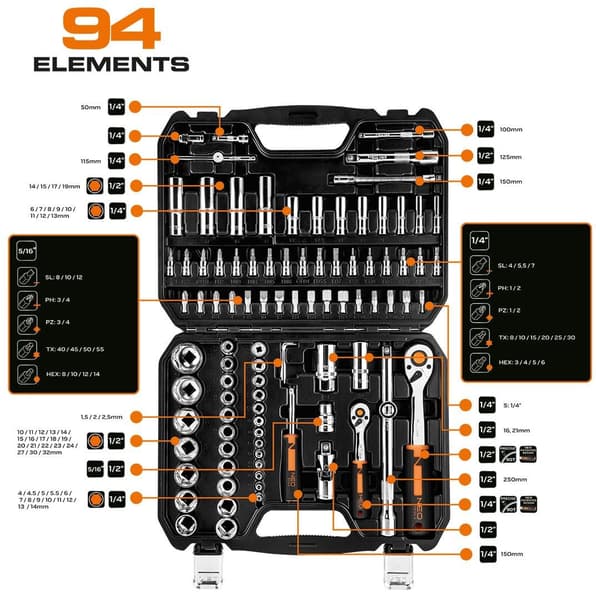 NEO Tools 10-062 Socket Set 94 Pieces