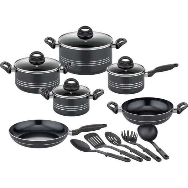 GSW MILANO NERO Cookware Set - 15 Pieces - Solid Aluminum - Induction Compatible - Black