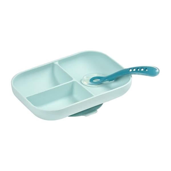 BEABA Baby Meal Set - Divided Silicone Plate + Spoon - Blue