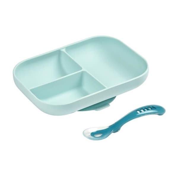 BEABA Baby Meal Set - Divided Silicone Plate + Spoon - Blue