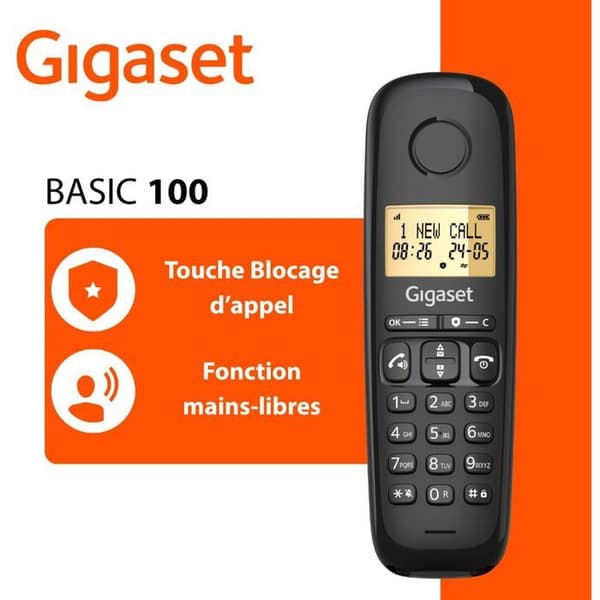 GIGASET BASIC 100 Black Cordless Phone - 1.5" Screen - Hands-free - Call Blocker