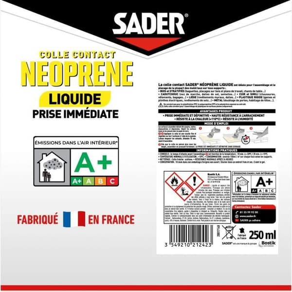 SADER Extra Strong Liquid Neoprene Contact Adhesive - All Materials - Immediate Bond - 250 ml Box