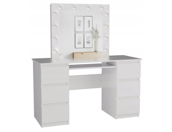KUBA Desk Set White Matt + MARINA Mirror, Elegant Dressing Table with LED Lighting