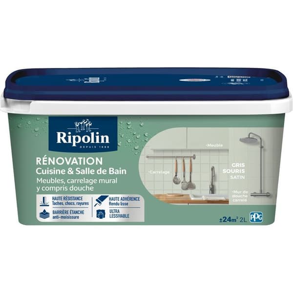 RIPOLIN Kitchen and Bathroom Renovation Paint Mouse Grey Satin 2 L