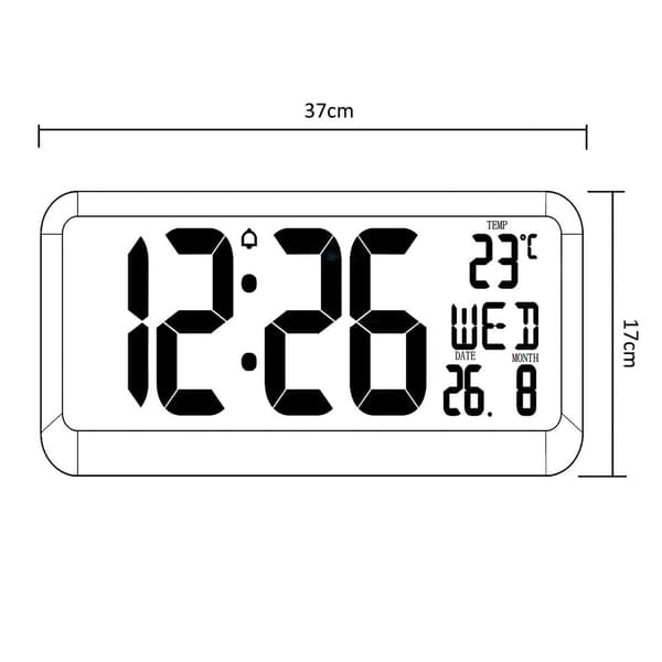 Large Digital Clock Wall Mount Free Standing with Temperature Sensor 37x17cm