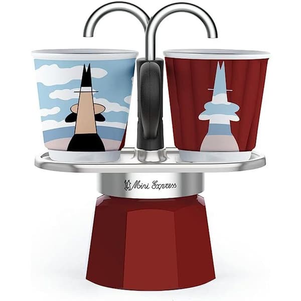 BIALETTI Coffee Maker Set + 2 Cups - MAGRITTE Mini-Espresso - Stainless Steel/ Red