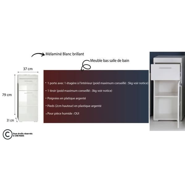 AMANDA Bathroom Cabinet - Low Storage Unit - W37 x D31 x H79cm - White