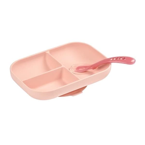 BEABA Baby Meal Set - Divided Silicone Plate + Spoon - Pink