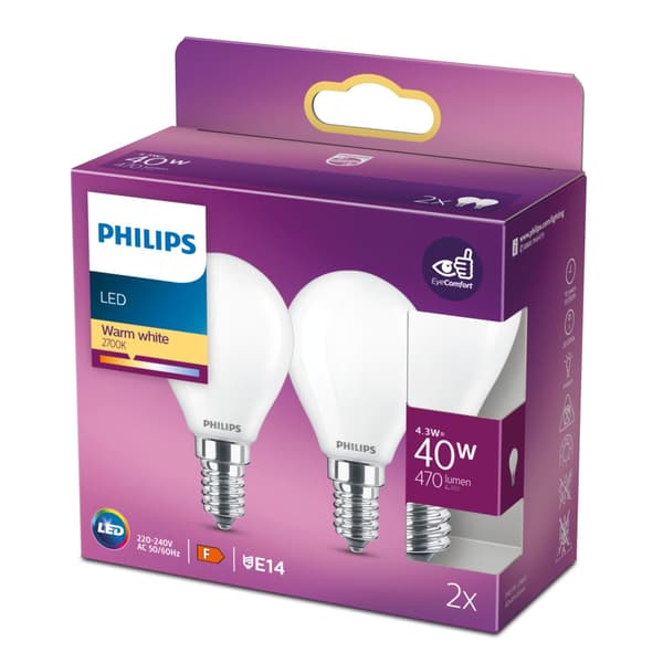 Philips LED Classic 40W P45 E14 Warm White 15,000 Hours 2 Pack 2pf/6 2er