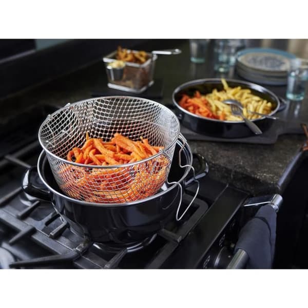 Enamel Deep Fryer - 26 cm Diameter - Black - Includes Basket and Lid