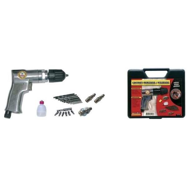 MECAFER Pneumatic Drill and Clamp - 10 mm Chuck + 10 HSS Drill Bits + 6 Screwdriver Bits + Accessories