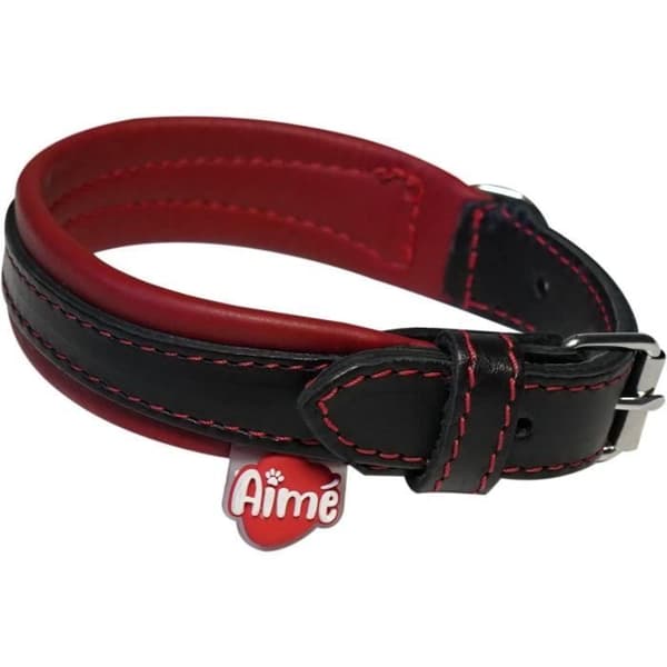 AIMÉ Dog Collar - Basic Leather - Cowhide/Lambskin - Size S 27-35 cm - Black/Red