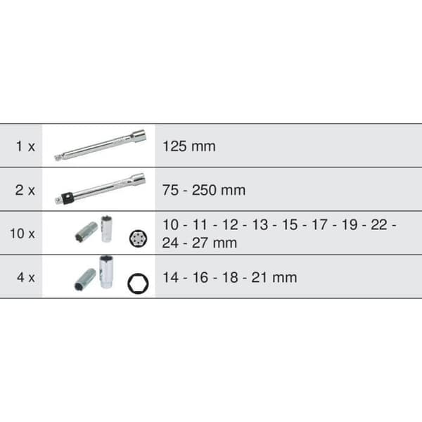 KS Tools Module - Long Socket and Accessory Module - 17 Pieces - For Tool Trolleys and Workbenches - Model 713.1026